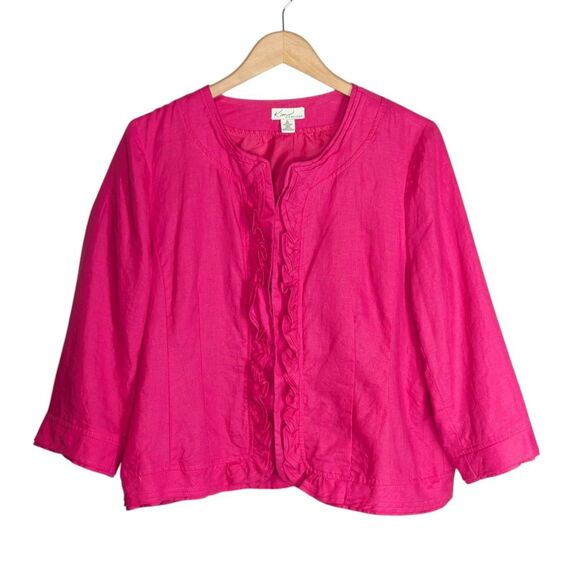 Kim Rogers 100% Linen Blazer Short Jacket Sz. XL Magenta Ruffle Workwear Dressy - Picture 1 of 9
